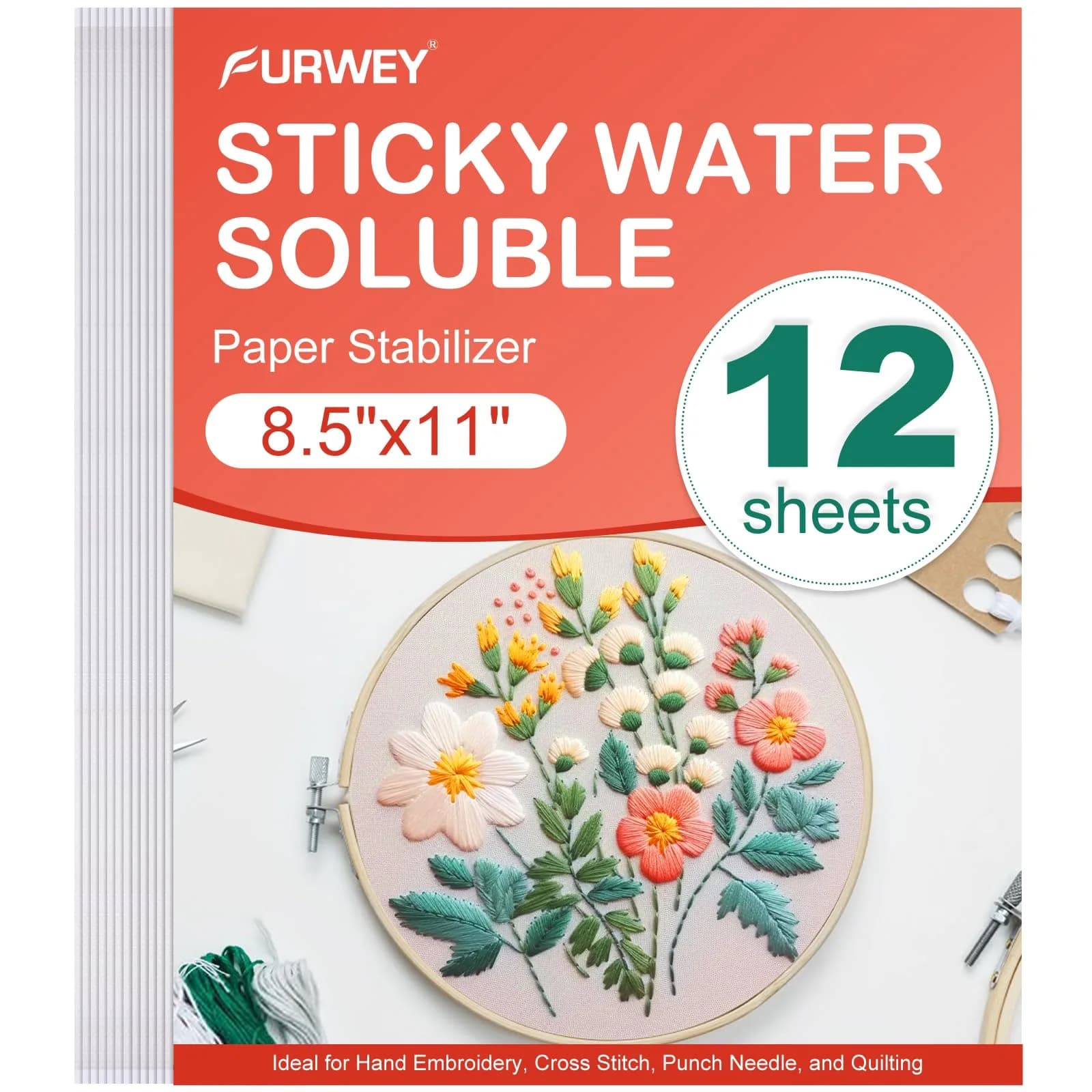 FURWEY Water Soluble Stabilizer for Embroidery, 12PCS 8.5x11, Self Adhesive | Wash Away, Printable & Versatile (70-120 chars)