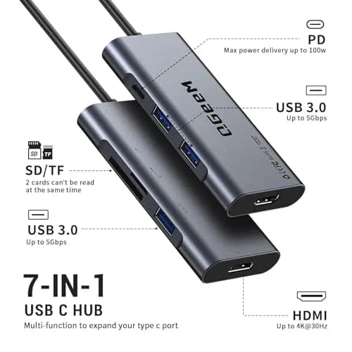QGeeM USB C Hub,7in1 Type c to 4K HDMI Multi‑Port Adapter Dock for Laptop | 100W PD, 4K HDMI, 7 Ports thumbnail 2
