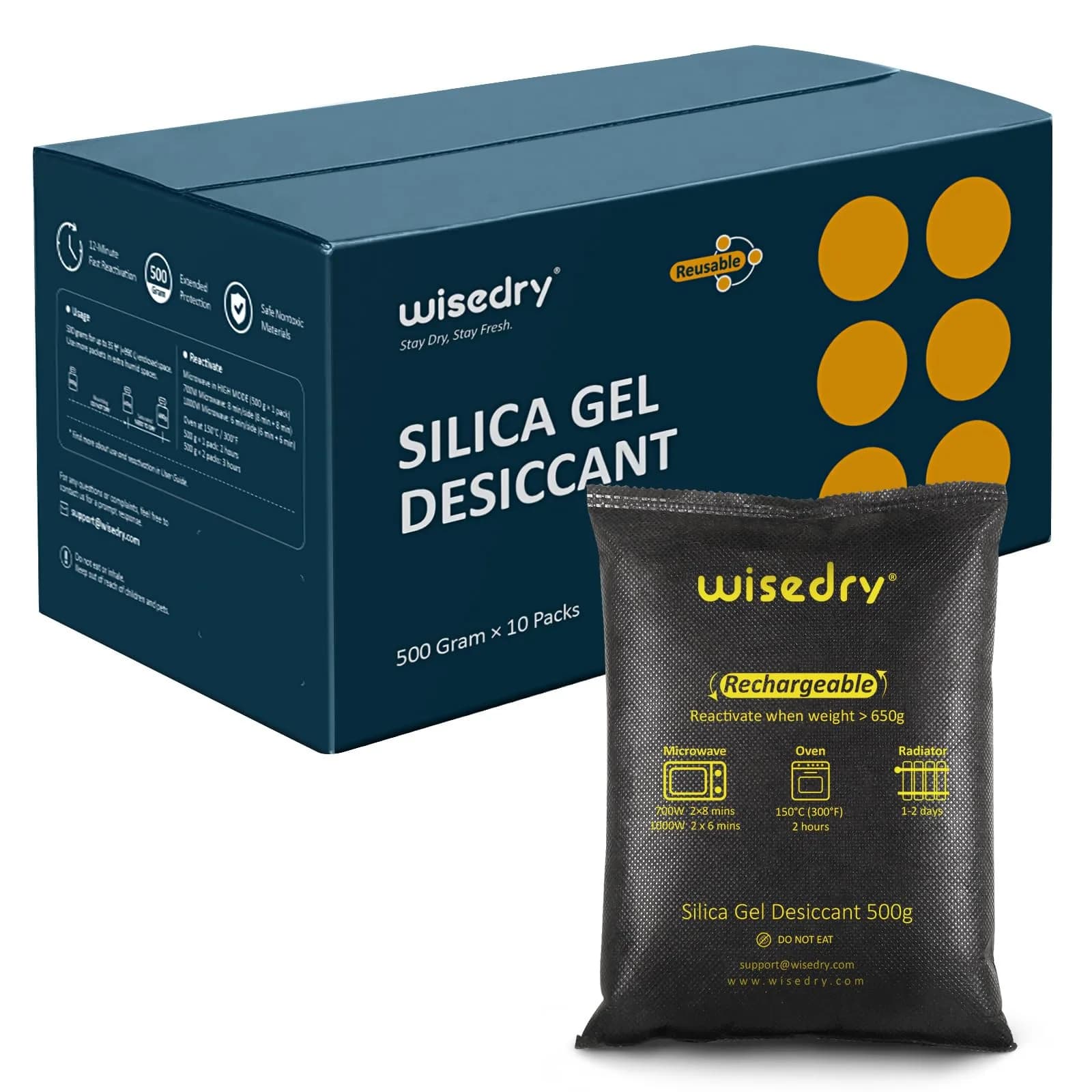 wisedry 10 x 500g Rechargeable Silica Gel Car Dehumidifier | Fast Reactivated Moisture Absorber for Large Spaces