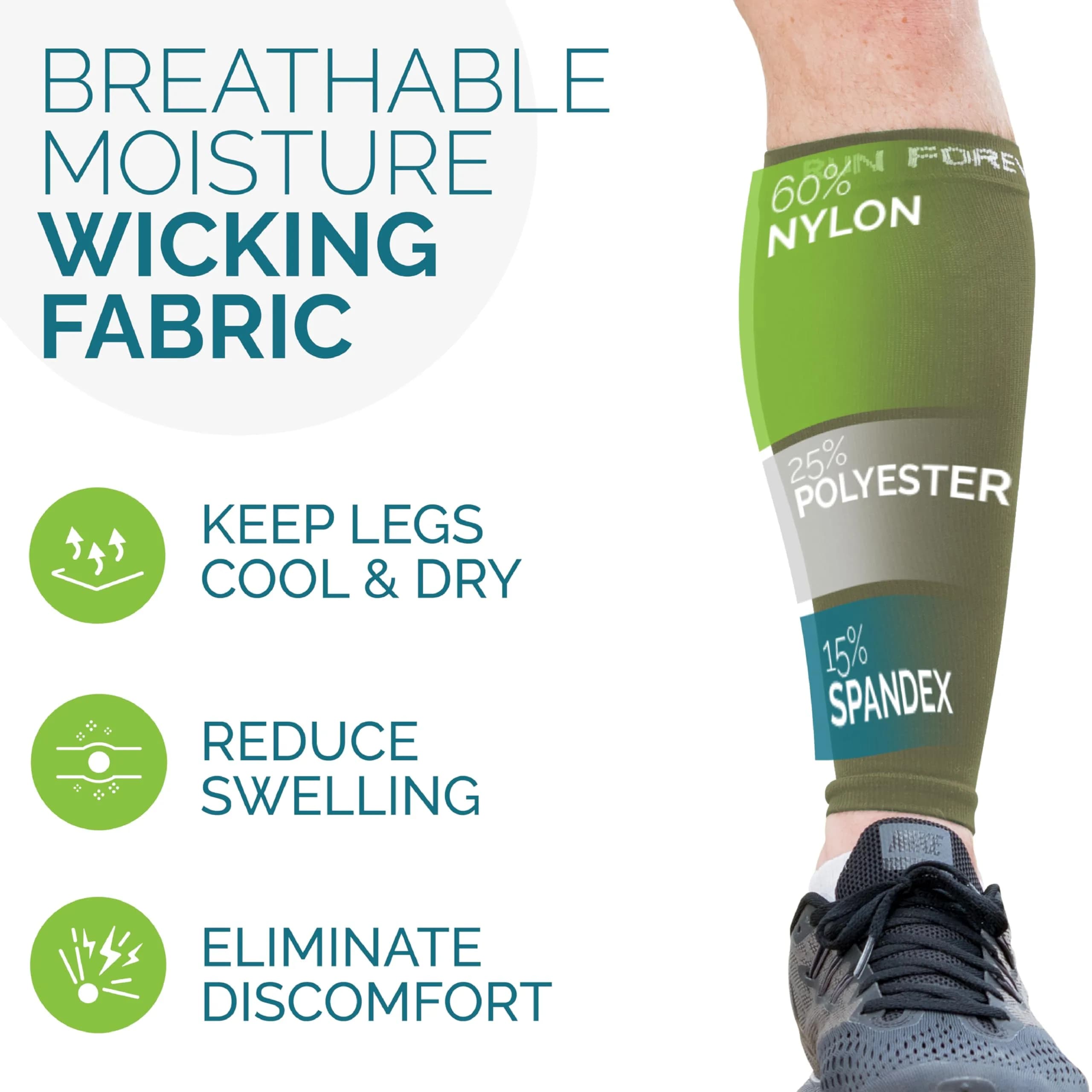 Run Forever Army Green Small Calf Compression Sleeve | 20-30mmHg Graduated Compression for Pain Relief & Recovery - view 4