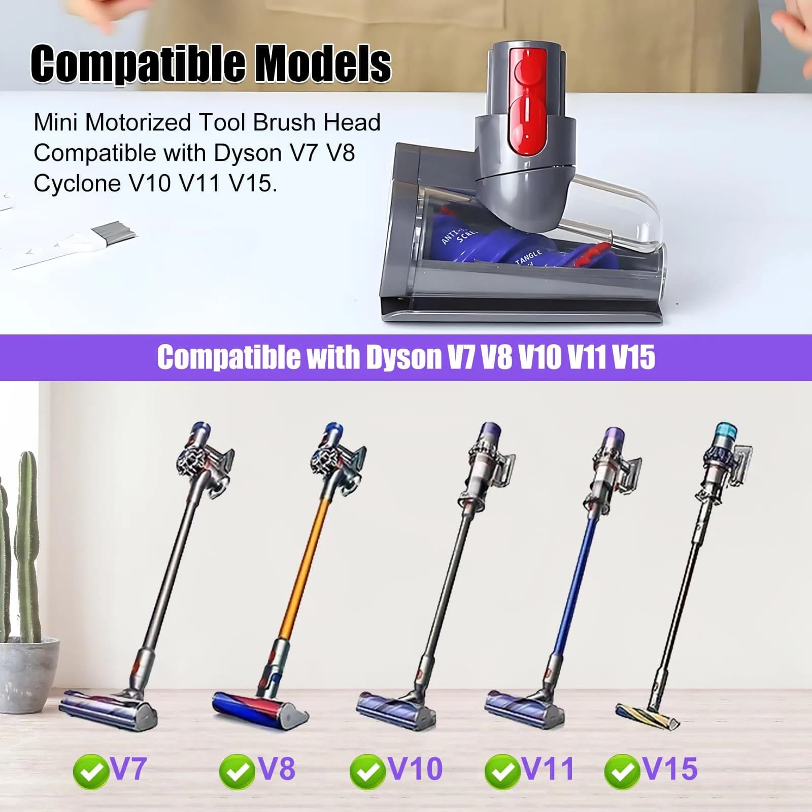 Vanclearidea Mini Motorized Tool for Dyson V7-V15 Vacuums - Anti-Tangle Pet Hair Attachment - view 2
