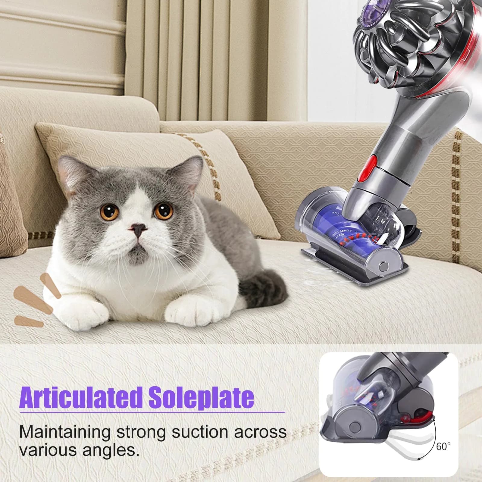 Vanclearidea Mini Motorized Tool for Dyson V7-V15 Vacuums - Anti-Tangle Pet Hair Attachment - view 3