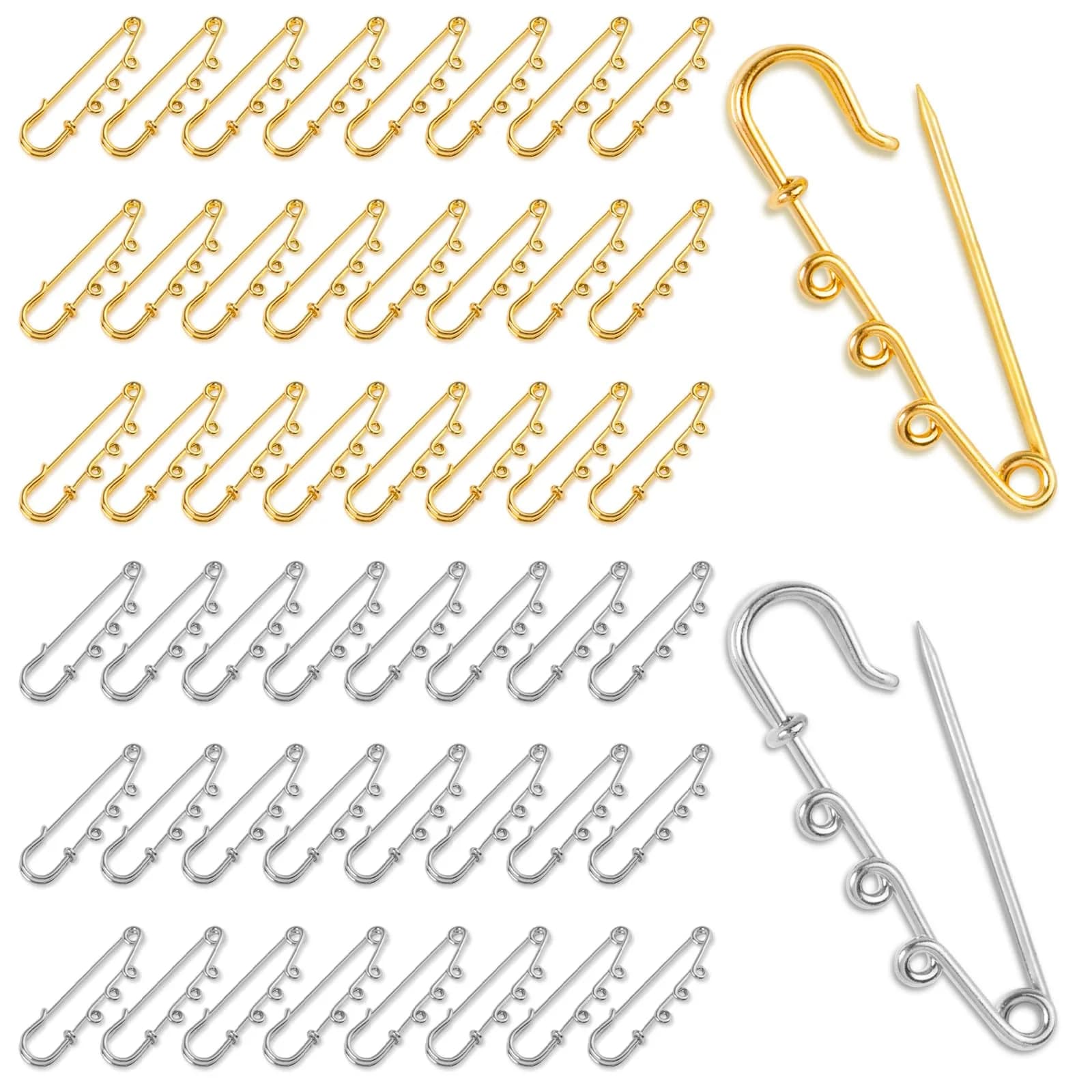 Koceci Heavy Duty Safety Pins 50PCS | Durable Metal Brooch Pins with Loops for Crafts & Clothing — Gold, Silver