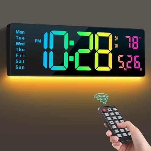 Hournor Digital Wall Clock 16" Large Display RGB Colors | Remote Control, Night Lights, Auto DST, Temp thumbnail 1