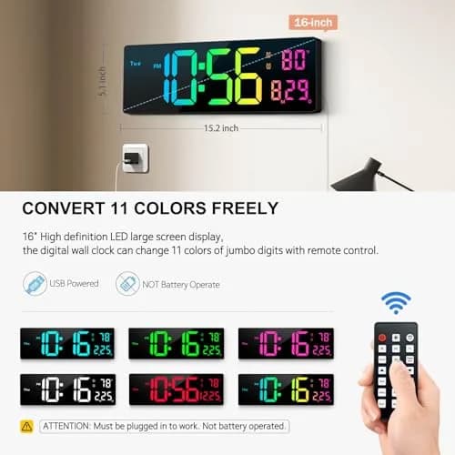 Hournor Digital Wall Clock 16" Large Display RGB Colors | Remote Control, Night Lights, Auto DST, Temp thumbnail 2