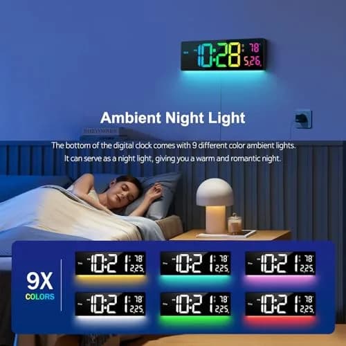 Hournor Digital Wall Clock 16" Large Display RGB Colors | Remote Control, Night Lights, Auto DST, Temp thumbnail 3