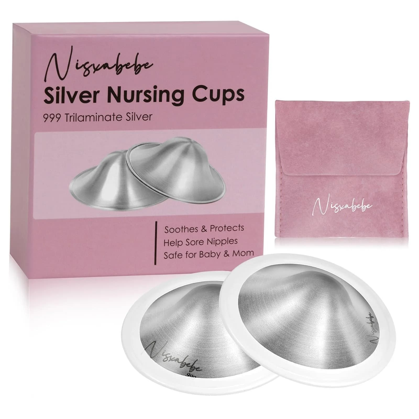 NISXABEBE Original Silver Nursing Cups for Breastfeeding (Standard Size) — X-Large+Silicone Rings