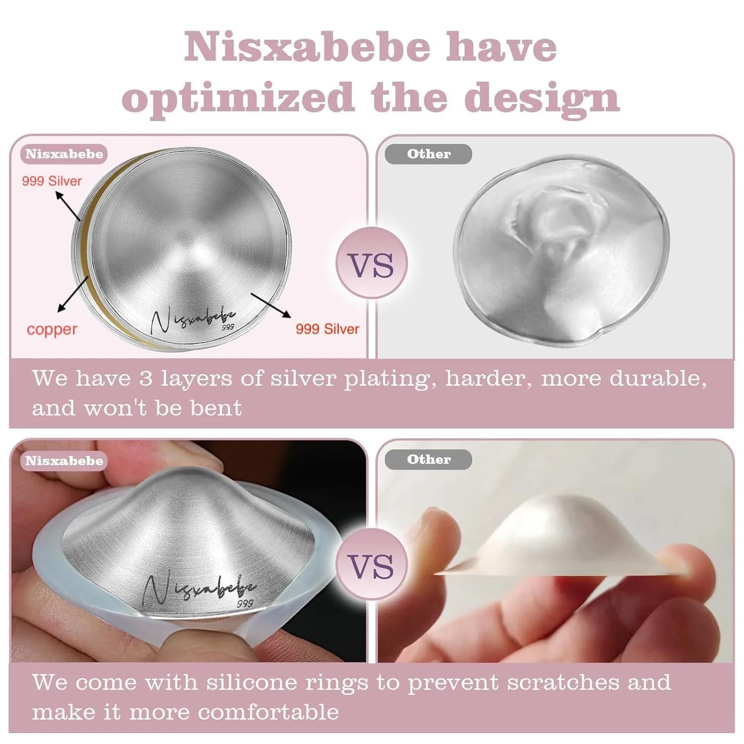 NISXABEBE Original Silver Nursing Cups for Breastfeeding - X-Large with Silicone Rings - view 3