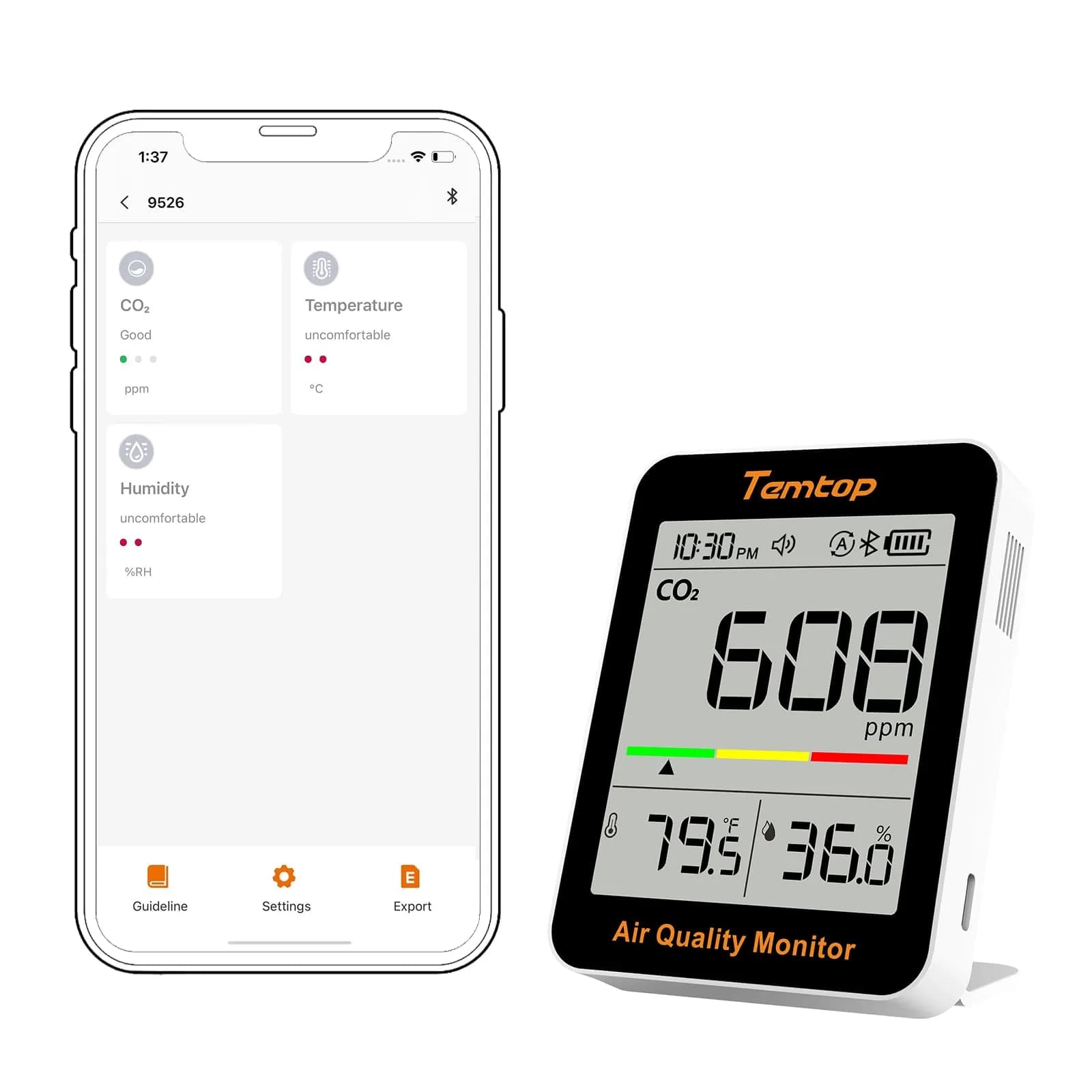 Temtop C1+ CO2 Monitor, Indoor Air Quality & Temperature Display, BLE App, Long Battery Life (180 Days)