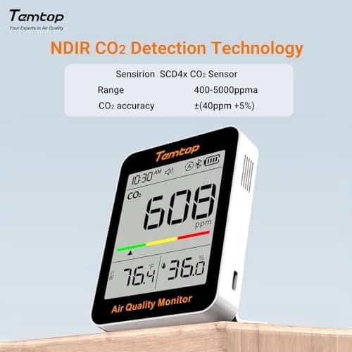 Temtop C1+ CO2 Monitor, Indoor Air Quality & Temperature Display, BLE App, Long Battery Life (180 Days) thumbnail 2