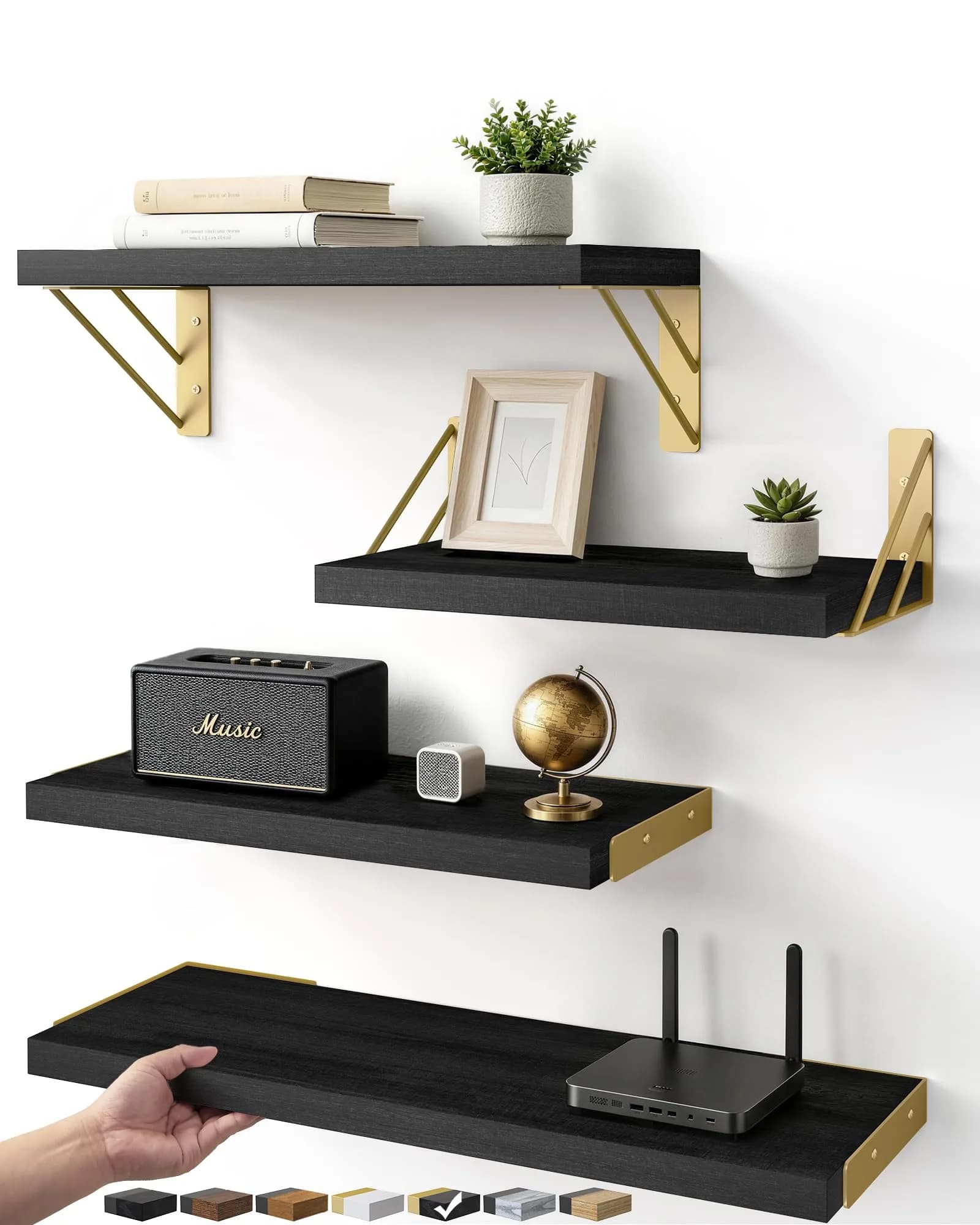 BAYKA Floating Shelves Wall Mount Set of 4 | Rustic Wood Storage for Bedroom, Bathroom, Kitchen — G. Black Board & Gold Brackets
