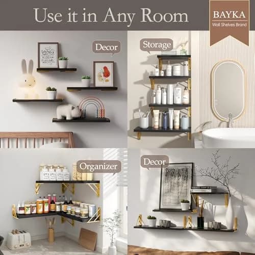BAYKA Floating Shelves Wall Mount Set of 4 | Rustic Wood Storage for Bedroom, Bathroom, Kitchen thumbnail 3