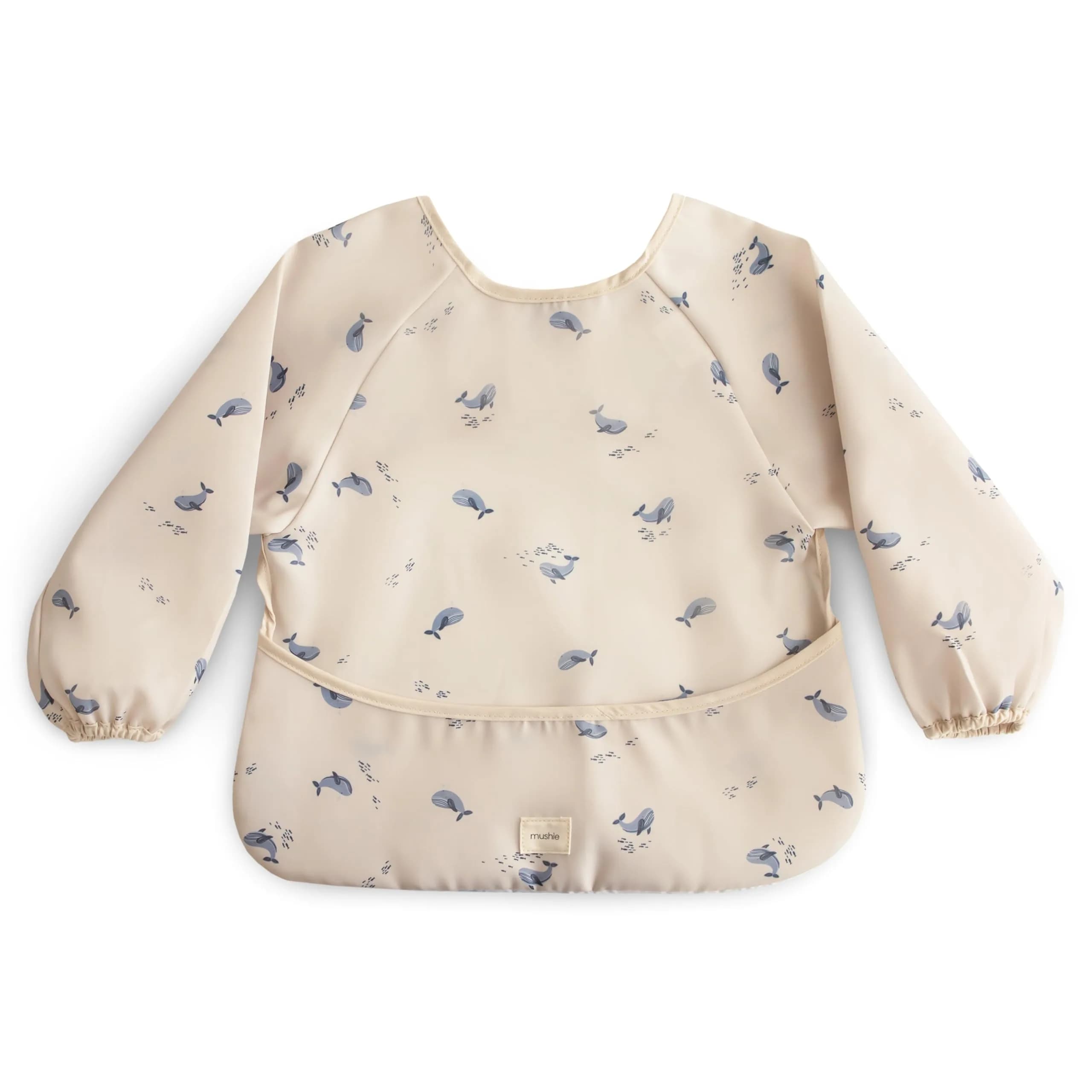 mushie Long Sleeve Baby Bib Water Resistant Adjustable Fit (Whales) | Mess-Free Mealtimes & Art