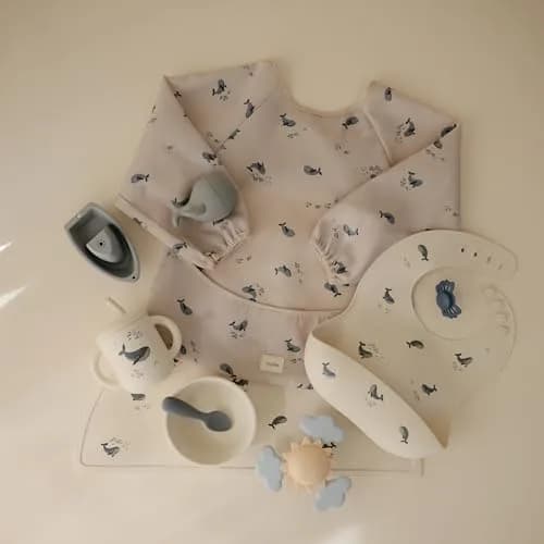 mushie Long Sleeve Baby Bib Water Resistant Adjustable Fit (Whales) | Mess-Free Mealtimes & Art thumbnail 8