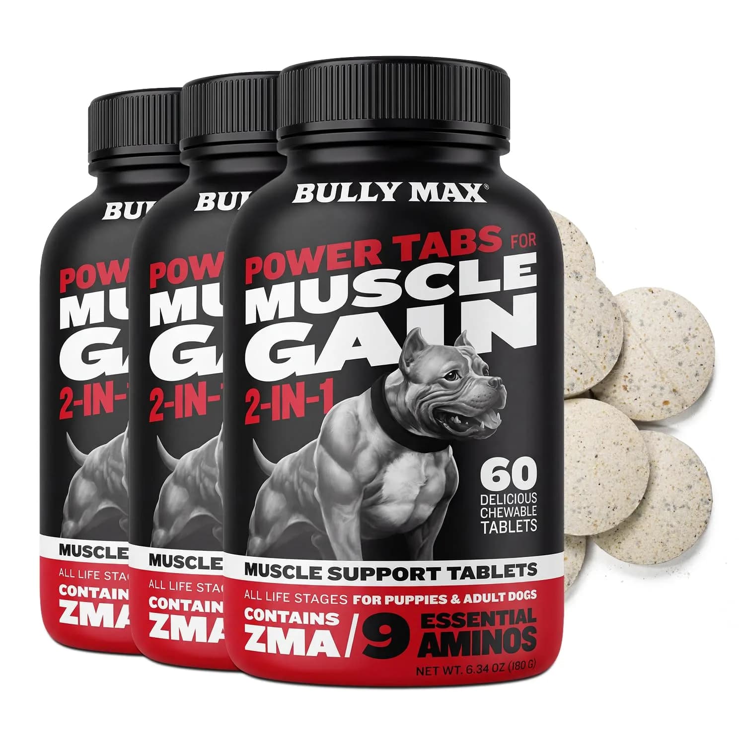 Bully Max 2-in-1 Muscle Builder Chewable Tablets for Dogs - 60 Tabs (3 Bottles) | Vet-Recommended Canine Multivitamin for Muscle Gain & Growth - main product image