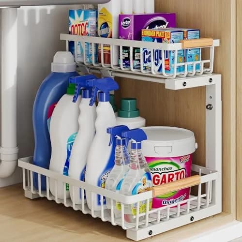 Hahaemall White Under Sink Organizer Storage | 2-Tier Metal Rack for Kitchen & Bathroom thumbnail 1
