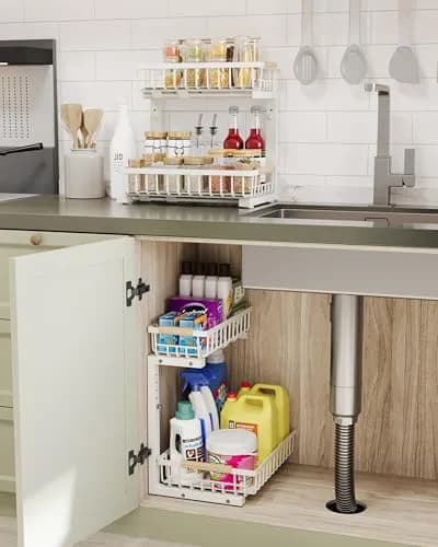 Hahaemall White Under Sink Organizer Storage | 2-Tier Metal Rack for Kitchen & Bathroom thumbnail 2