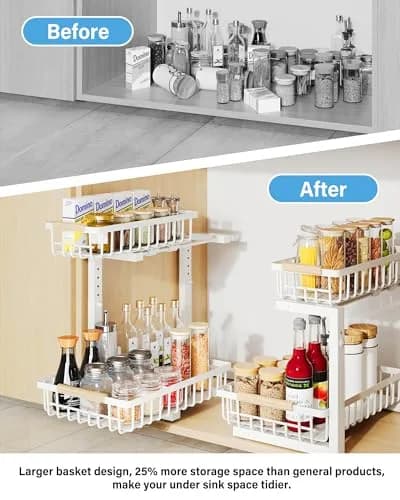 Hahaemall White Under Sink Organizer Storage | 2-Tier Metal Rack for Kitchen & Bathroom thumbnail 3