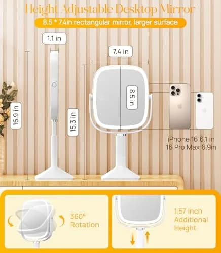 Gospire Rectangle Lighted Makeup Mirror with Lights 8.5"x7.4" | 1X/7X Magnification, Adjustable Height, Rechargeable thumbnail 2