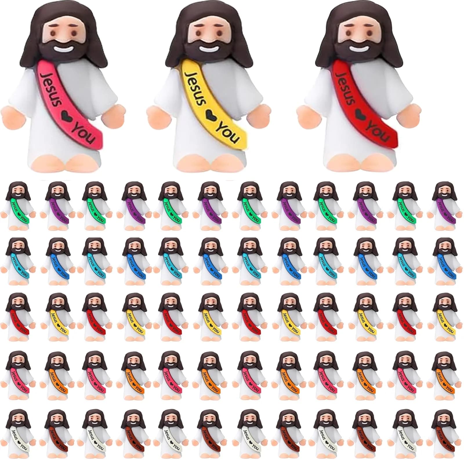 AKFAHOIF 60PCS Little Jesus Figures, Mini Jesus Figurines in Bulk, Multicolor Tiny Jesus Figures, Miniature Figurines to Hide and Seek Religious Gifts for Easter Egg Stuffers - main product image