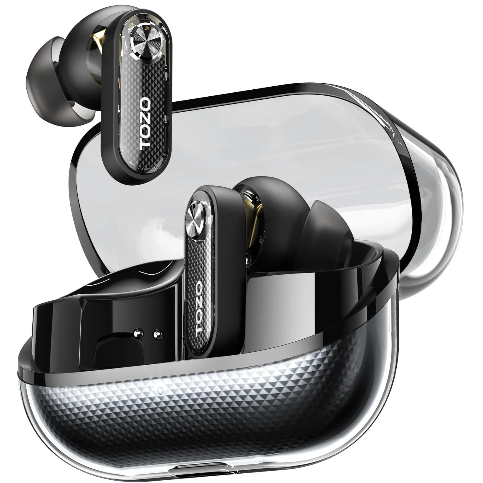 TOZO Crystal Pods Hybrid ANC Wireless Earbuds | 35H Playtime, Transparent Design, Bluetooth 5.4, IPX5 Waterproof — Black