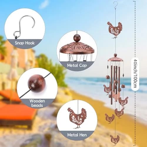 INCOK Chicken Wind Chimes for Outside - Metal Windchimes Outdoors Chicken Gifts Rooster Garden Decor with Greeting Card for Women Men Mom Grandma Birthday Home Patio Porch Backyard Yard Decoration | Garden thumbnail 3
