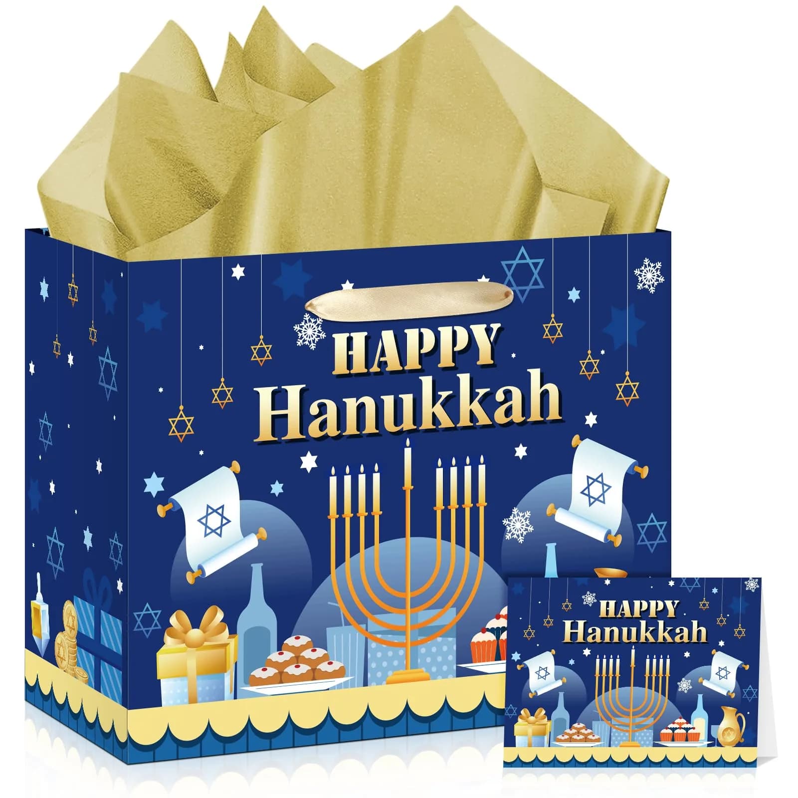 Yomaiha Hanukkah Gift Bag with Tissue & Greeting Card | Festive Jewish Menorah Star of David 11.8x9.4x5.3 inch