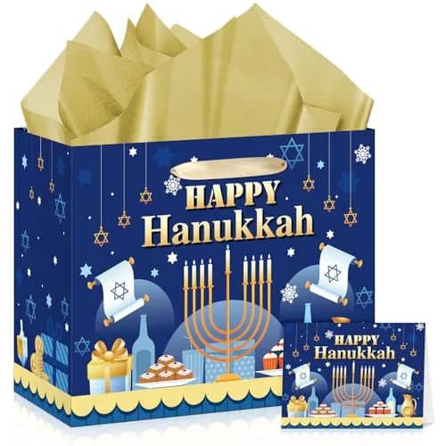 Yomaiha Hanukkah Gift Bag with Tissue & Greeting Card | Festive Jewish Menorah Star of David 11.8x9.4x5.3 inch thumbnail 1