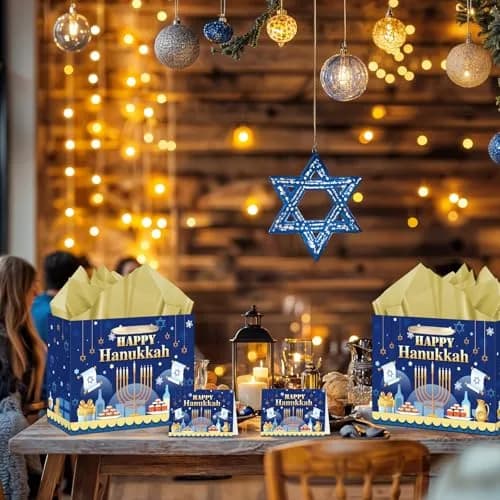 Yomaiha Hanukkah Gift Bag with Tissue & Greeting Card | Festive Jewish Menorah Star of David 11.8x9.4x5.3 inch thumbnail 4