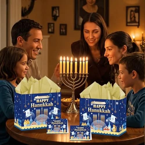 Yomaiha Hanukkah Gift Bag with Tissue & Greeting Card | Festive Jewish Menorah Star of David 11.8x9.4x5.3 inch thumbnail 5