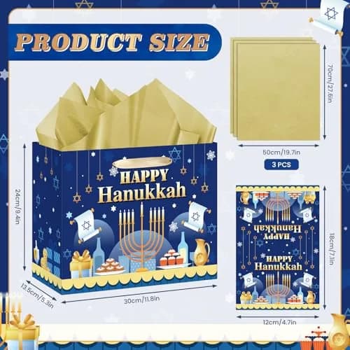 Yomaiha Hanukkah Gift Bag with Tissue & Greeting Card | Festive Jewish Menorah Star of David 11.8x9.4x5.3 inch thumbnail 6