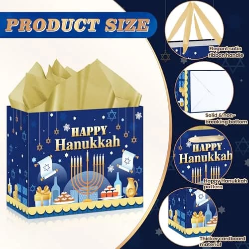 Yomaiha Hanukkah Gift Bag with Tissue & Greeting Card | Festive Jewish Menorah Star of David 11.8x9.4x5.3 inch thumbnail 7