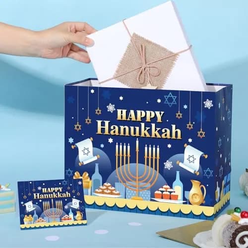 Yomaiha Hanukkah Gift Bag with Tissue & Greeting Card | Festive Jewish Menorah Star of David 11.8x9.4x5.3 inch thumbnail 2
