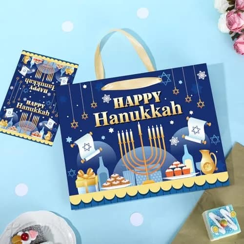 Yomaiha Hanukkah Gift Bag with Tissue & Greeting Card | Festive Jewish Menorah Star of David 11.8x9.4x5.3 inch thumbnail 3