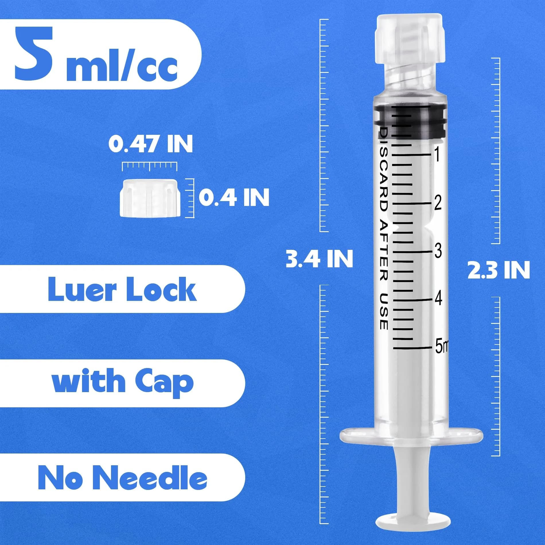 ginallt 5mL Luer Lock Syringes without Needle - Sterile Syringe with Cap, 10 Pack | Precise Liquid Dispensing for Labs & Pets - view 2