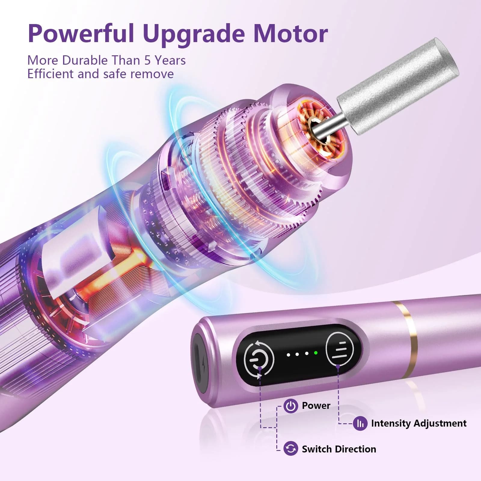 TUOBEO Cordless Nail Drill Electric Nail File Kit, Rechargeable Efile Set with 11 Bits & 56 Bands, Purple - view 5