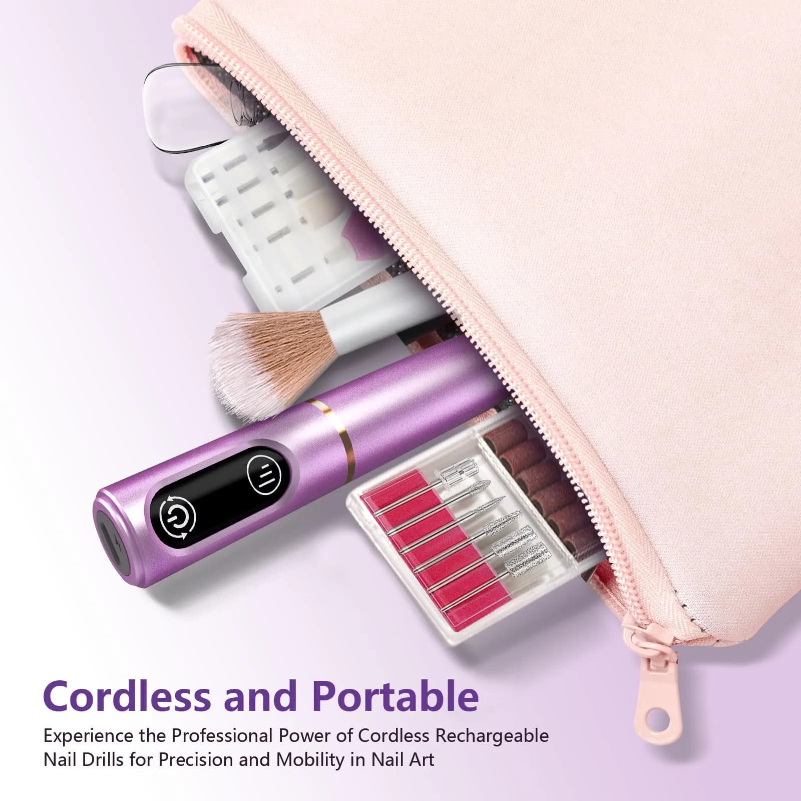 TUOBEO Cordless Nail Drill Electric Nail File Kit, Rechargeable Efile Set with 11 Bits & 56 Bands, Purple - view 7