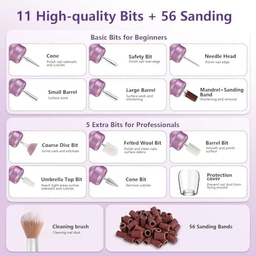 TUOBEO Cordless Nail Drill Electric Nail File Kit, Rechargeable Efile Set with 11 Bits & 56 Bands, Purple thumbnail 8