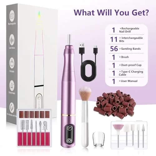 TUOBEO Cordless Nail Drill Electric Nail File Kit, Rechargeable Efile Set with 11 Bits & 56 Bands, Purple thumbnail 9