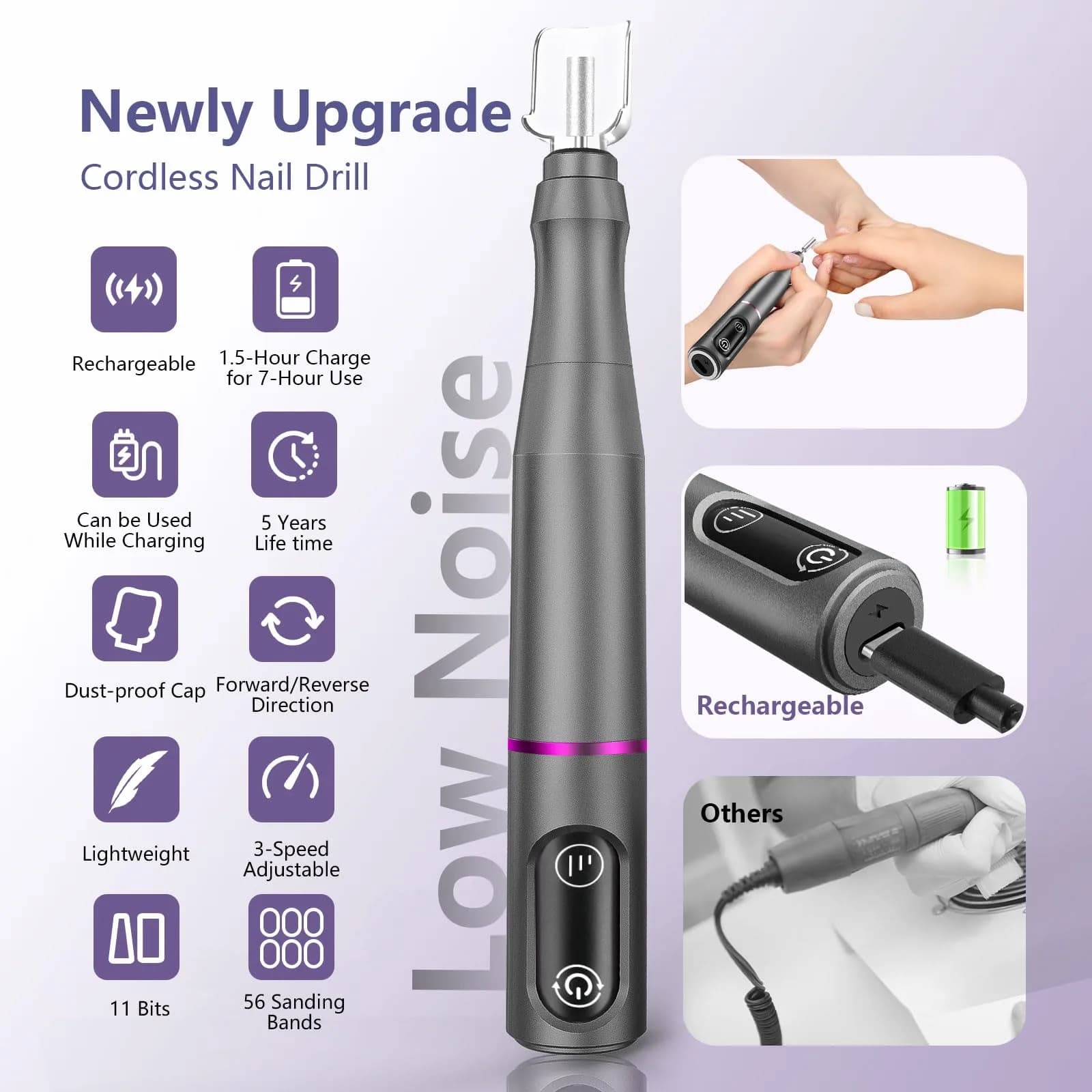 TUOBEO Cordless Nail Drill Kit - Gray | Rechargeable Efile for Acrylic & Gel Nails - view 4