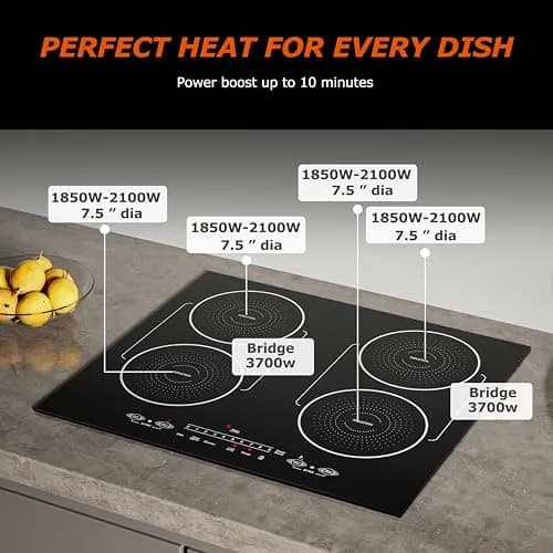 BIGoods 24 Inch Induction Cooktop 4 Burners | Flat Glass Top Electric Stove with Bridge-SYNC, Booster, Timer, Child Lock thumbnail 4