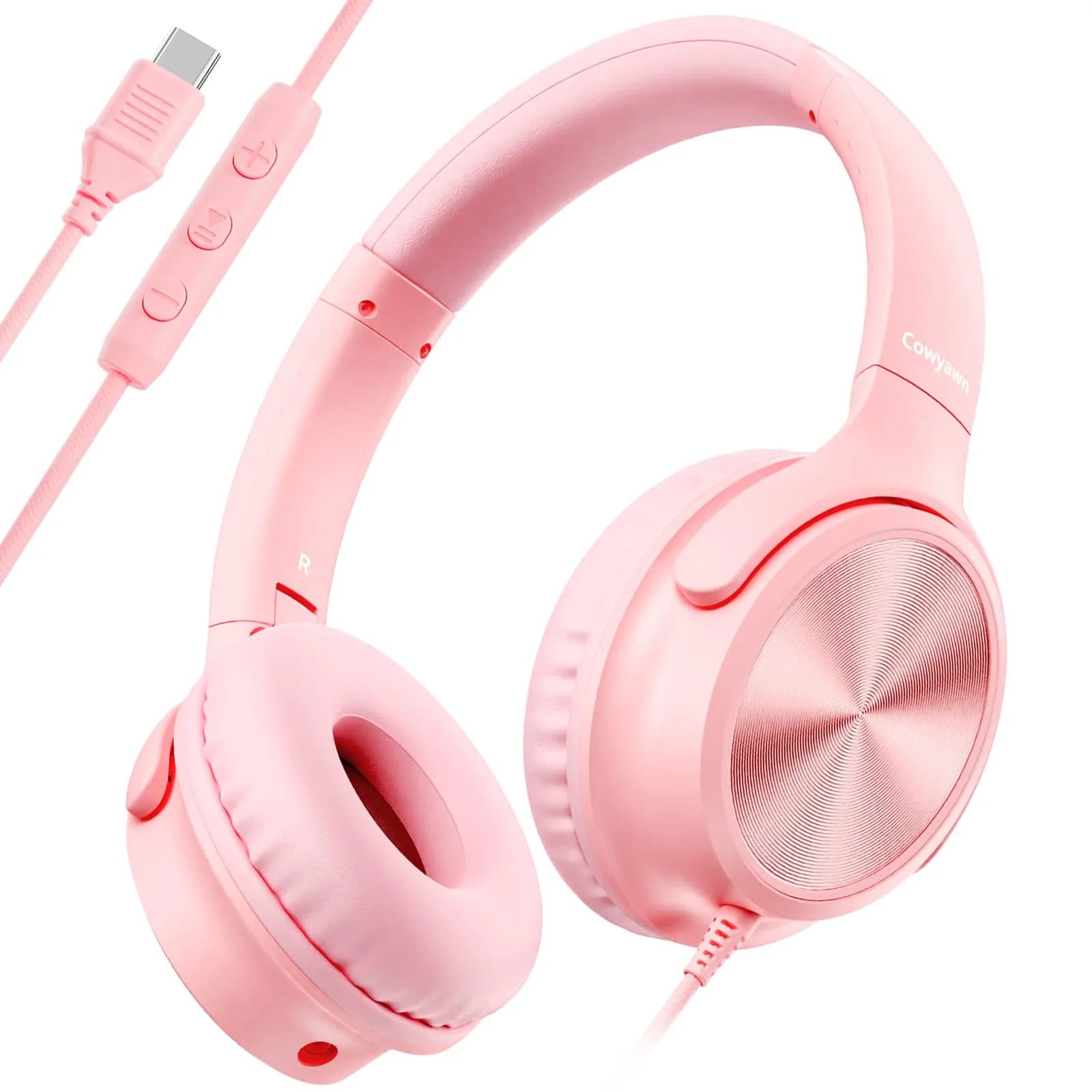 Cowyawn USB C Wired Over-Ear Headphones with Mic, HD Stereo Sound, Foldable, Pink | Noise Isolation — Pink