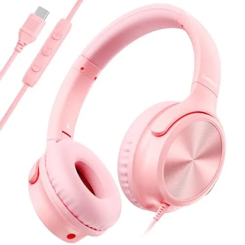 Cowyawn USB C Wired Over-Ear Headphones with Mic, HD Stereo Sound, Foldable, Pink | Noise Isolation thumbnail 1