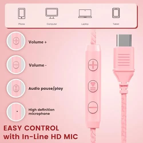 Cowyawn USB C Wired Over-Ear Headphones with Mic, HD Stereo Sound, Foldable, Pink | Noise Isolation thumbnail 5