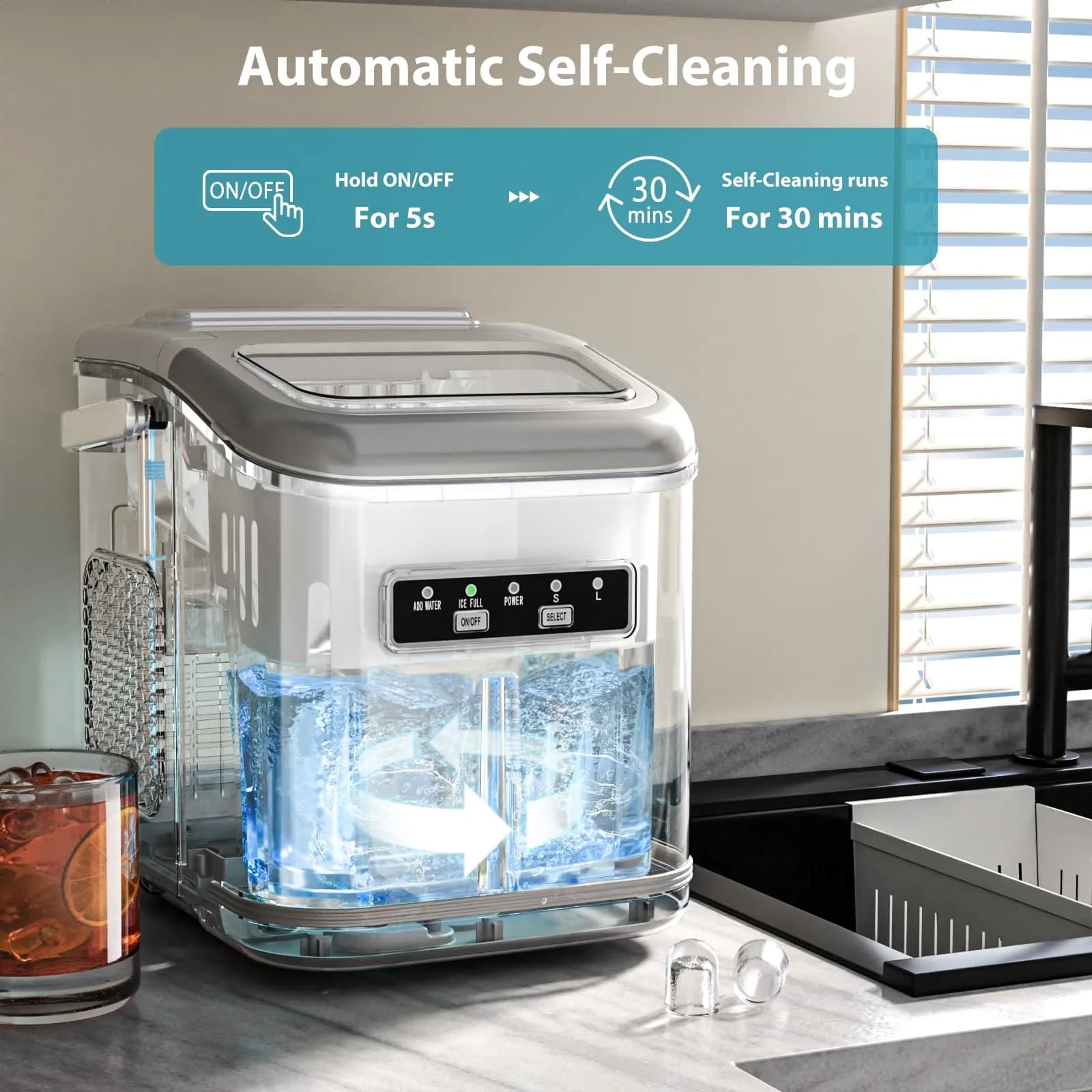 Electactic White Portable Countertop Ice Maker | 26 lbs/24 Hrs (11.8 kg/24 Hrs) - view 4