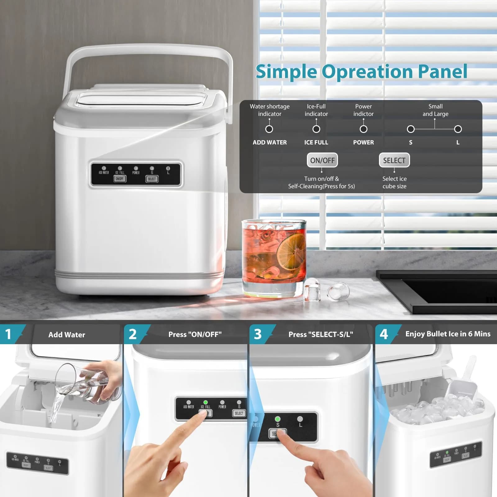 Electactic White Portable Countertop Ice Maker | 26 lbs/24 Hrs (11.8 kg/24 Hrs) - view 3