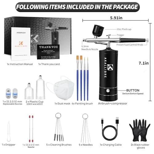 AKALLIBRE Airbrush Kit with Compressor, 48PSI High-Pressure Non-Clogging, 1200mAh Battery | Cordless Dual-Action Gravity Feed thumbnail 2