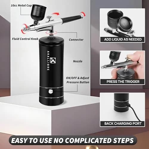 AKALLIBRE Airbrush Kit with Compressor, 48PSI High-Pressure Non-Clogging, 1200mAh Battery | Cordless Dual-Action Gravity Feed thumbnail 3
