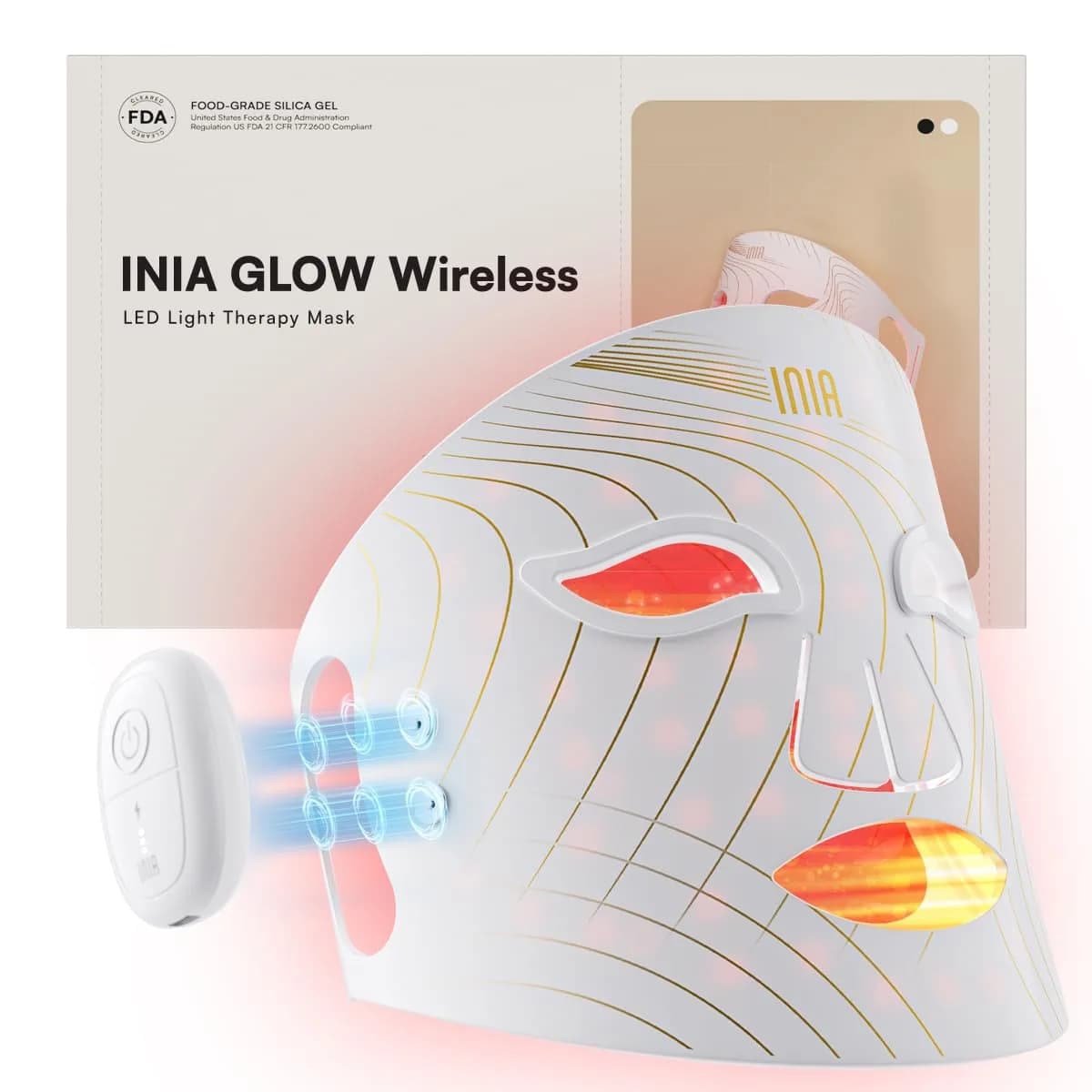 INIA Glow Wireless Red Light Therapy Mask for Face, 850nm NIR, 272 LEDs | Rechargeable, Portable & Home-Travel — White
