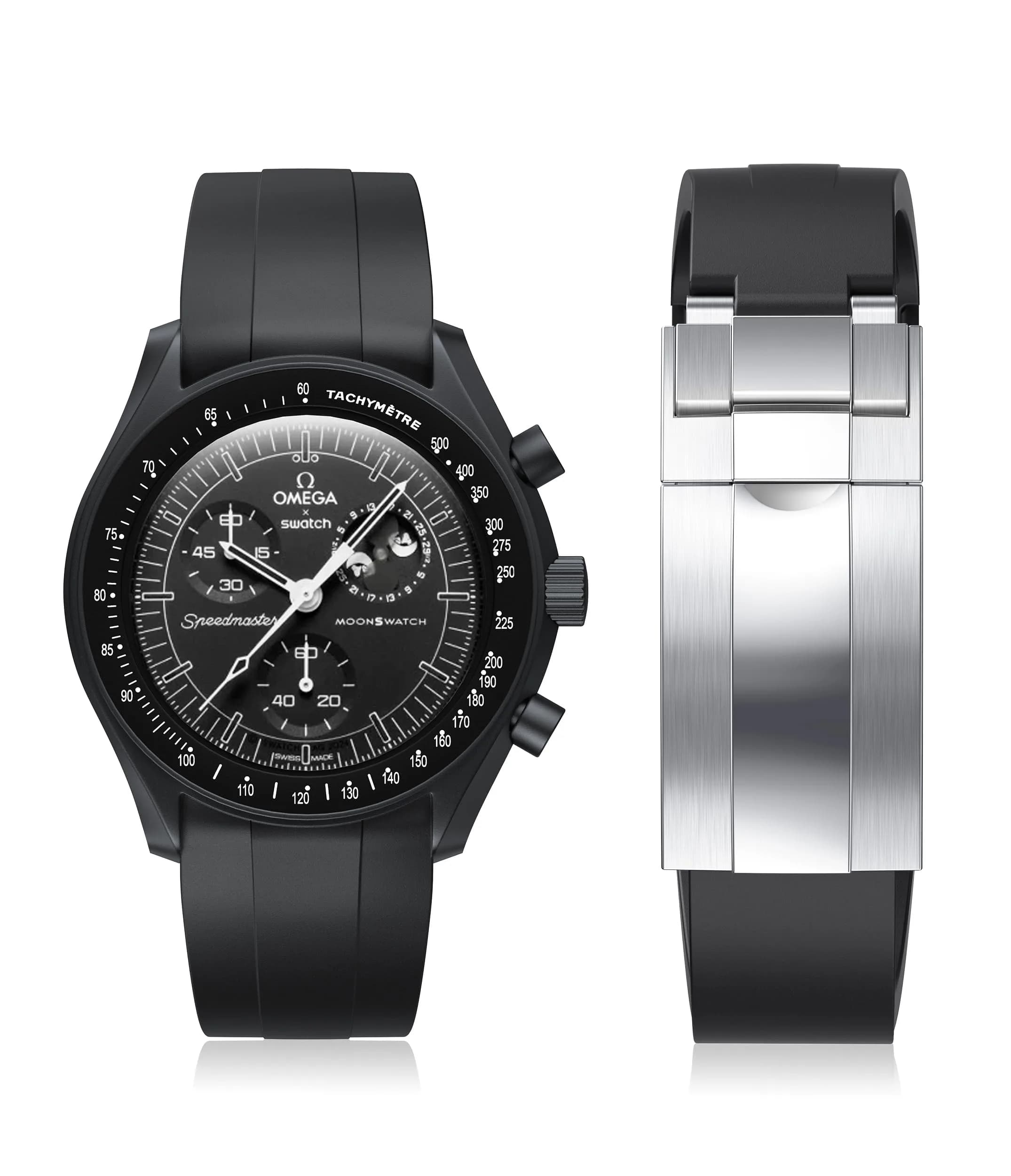 REBANDACE Black Silicone Watch Band for Omega x Swatch Moonswatch 20mm | Cut-to-Size, No-Gap Fit